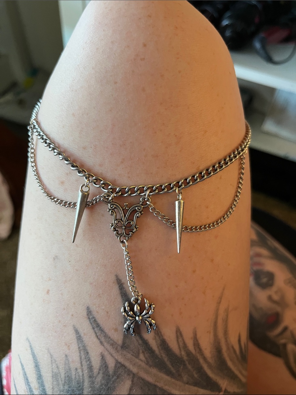 Silver Gothic Spike & Spider Charm Chain Necklace